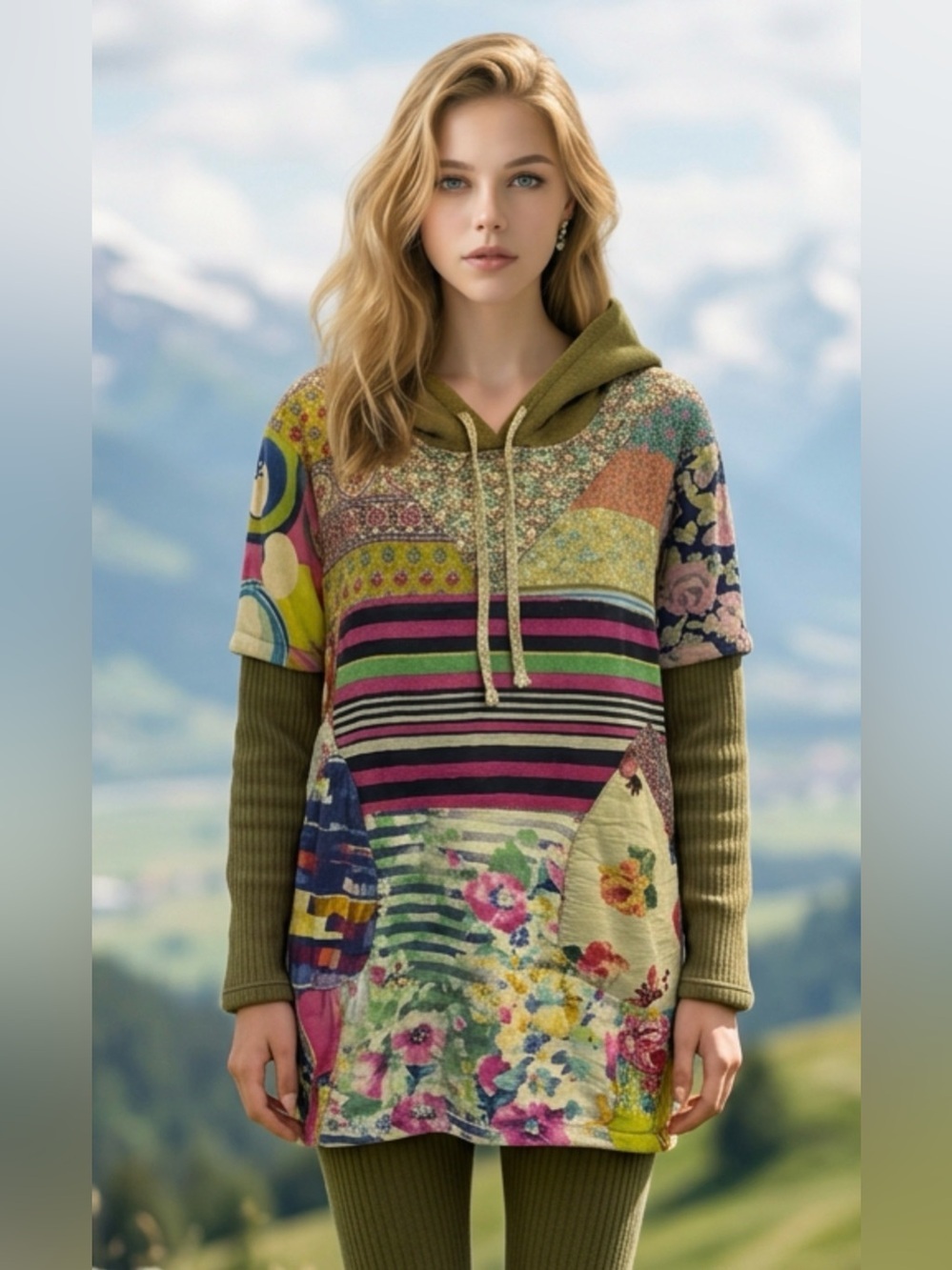 Patchwork Floral Stripe Hooded Tunic Sweatshirt - Olive Multi R1